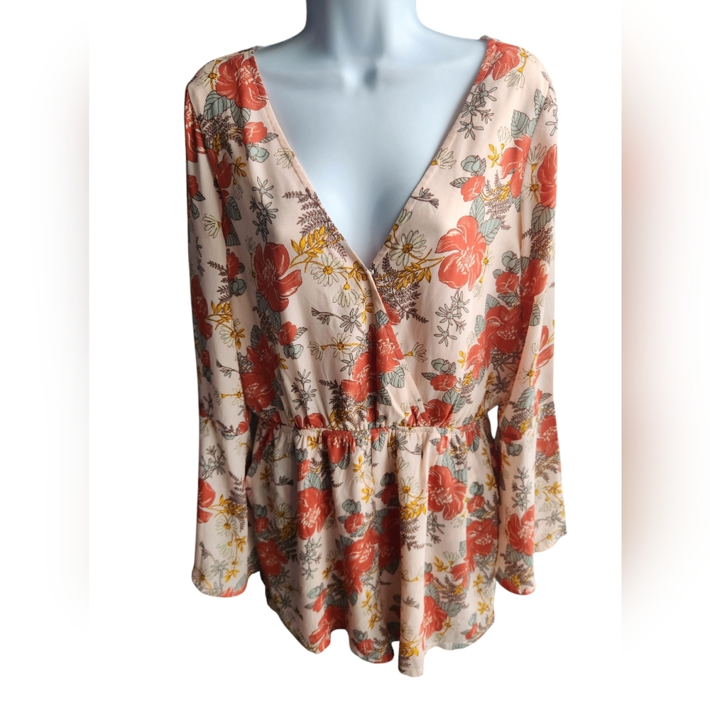 Lulus Pink Floral Plunging Neck Bell Sleeve Romper Women's Size M